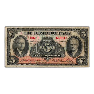 SOLD $5 1935 The Dominion Bank Canada Chartered Note #220-16-02
