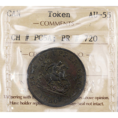 Upper Canada 1850 1/2 Half Penny Token PC-5A Br #720 - ICCS AU-55