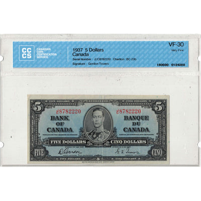 $5 1937 Bank of Canada Note Gordon-Towers J/C Prefix BC-23b - CCCS VF-30