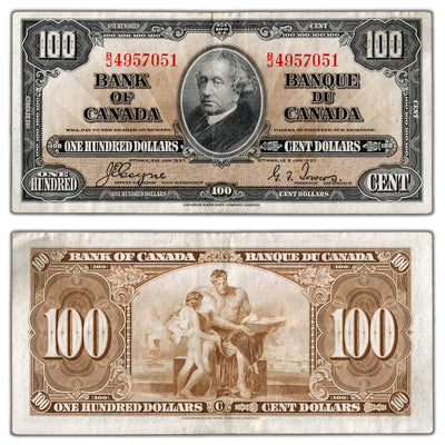 SOLD $100 1937 Bank of Canada Note Coyne-Towers B/J Prefix BC-27c - VF/EF (small tear)