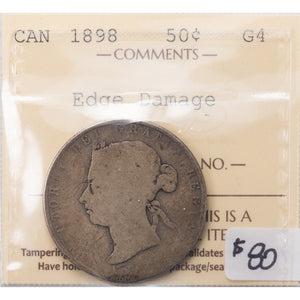 SOLD Canada 1898 50 Cents Half Dollar Silver Coin - ICCS G-4 (edge damage)