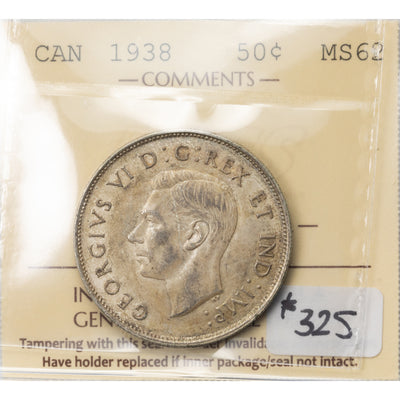 SOLD Canada 1938 50 Cents Half Dollar Silver Coin - ICCS MS-62