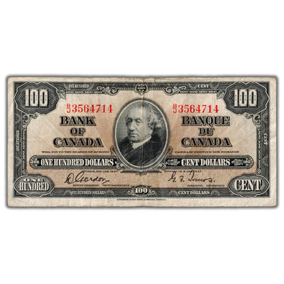 SOLD $100 1937 Bank of Canada Note Gordon-Towers B/J Prefix BC-27b