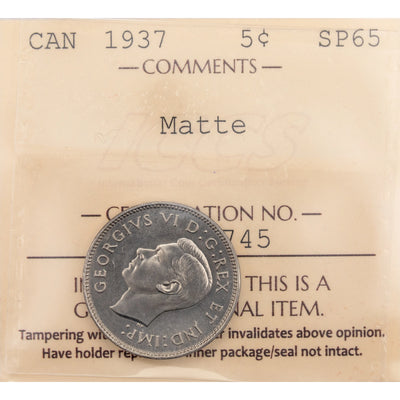 SOLD Canada 1937 Matte Specimen 5 Cents Nickel Coin - ICCS SP-65