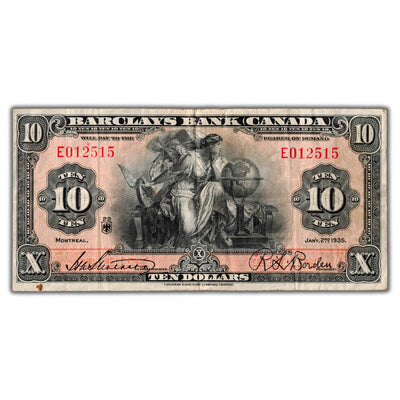 SOLD $10 1935 Barclays Bank Canada Chartered Note #30-10-06 - F/VF