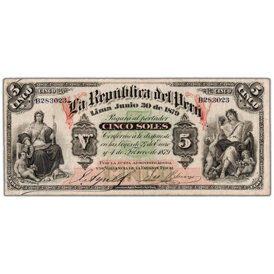 Peru 1879 5 Five Soles Note P #3 - F/VF (minor pinholes)