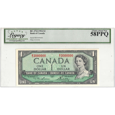 SOLD $1 1954 Bank of Canada Note 3 Million Serial B/I Prefix BC-37d - Legacy AU-58
