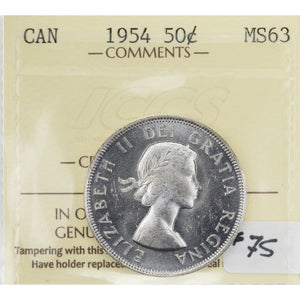 SOLD Canada 1954 50 Cents Half Dollar Silver Coin - ICCS MS-63