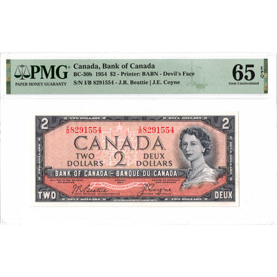 SOLD $2 1954 Bank of Canada Note Devil Face I/B Prefix BC-30b - PMG Gem UNC-65 EPQ
