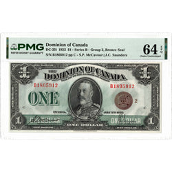 $1 1923 Dominion of Canada Note Bronze Seal Series B DC-25i - PMG Ch UNC-64 EPQ