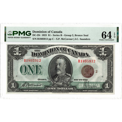 $1 1923 Dominion of Canada Note Bronze Seal Series B DC-25i - PMG Ch UNC-64 EPQ