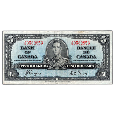 $5 1937 Bank of Canada Note Coyne-Towers A/S Prefix BC-23c - VF