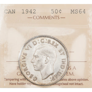 Canada 1942 50 Cents Half Dollar Silver Coin - ICCS MS-64