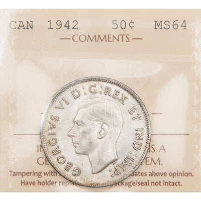 Canada 1942 50 Cents Half Dollar Silver Coin - ICCS MS-64