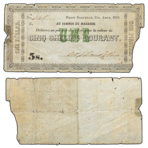 SOLD $1 / 5s 1850 Quebec Canada Price Bros Merchant Script QC #350-12-14 - Damaged