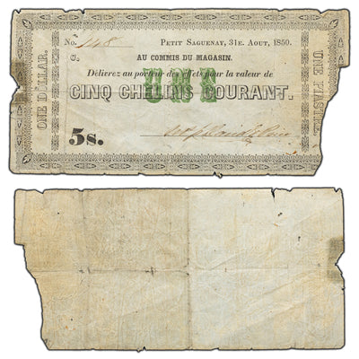 SOLD $1 / 5s 1850 Quebec Canada Price Bros Merchant Script QC #350-12-14 - Damaged