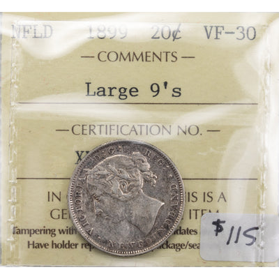 Newfoundland 1899 Large 9's 20 Cents Silver Coin - ICCS VF-30