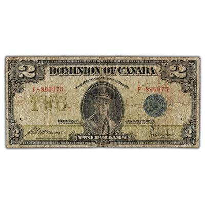 SOLD $2 1923 Dominion of Canada Note McCavour-Saunders Blue Seal Series F DC-26c