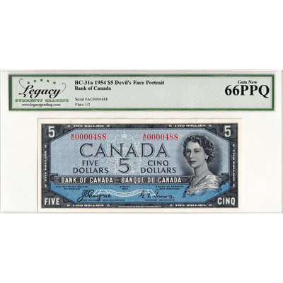 SOLD $5 1954 Bank of Canada Note Devil Face Low Serial #488 - Legacy Gem UNC-66 PPQ