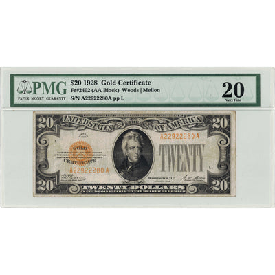 SOLD United States 1928 $20 Twenty Dollars Gold Certificate Note Fr. #2402 - PMG VF-20