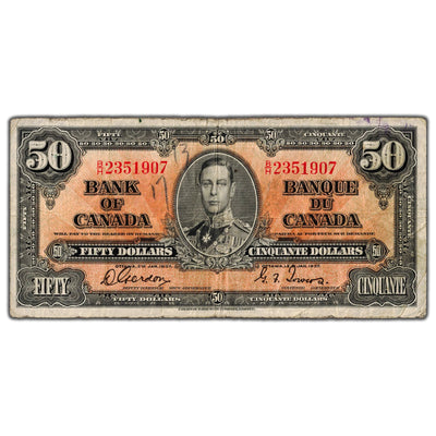 $50 1937 Bank of Canada Note Gordon-Towers B/H Prefix BC-26b - Writing
