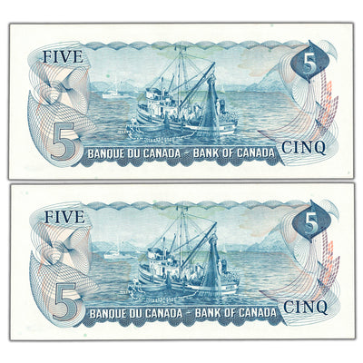 $5 1972 Bank of Canada Notes CP Prefix BC-48b - 2 Consecutive Ch UNC