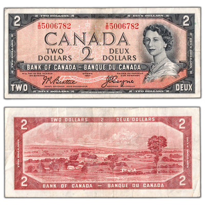 $2 1954 Bank of Canada Note Devil Face I/B Prefix BC-30b - VF (stain)