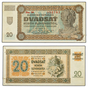 SOLD Slovakia 1942 20 Korun Note - Perforated Specimen (damaged)