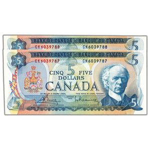 SOLD $5 1972 Bank of Canada Notes CK Prefix BC-48a - 2 Consecutive Choice UNC