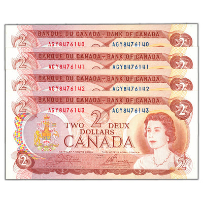 $2 1974 Bank of Canada Notes AGY Prefix BC-47b - 4 Consecutive AU-58