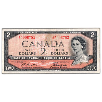 $2 1954 Bank of Canada Note Devil Face I/B Prefix BC-30b - VF (stain)