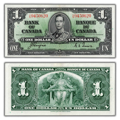 $1 1937 Bank of Canada Note Coyne-Towers U/N Prefix BC-21d - AU/UNC