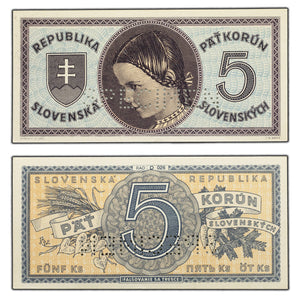 SOLD Slovakia ND (1945) 5 Five Korun Note - Perforated Specimen
