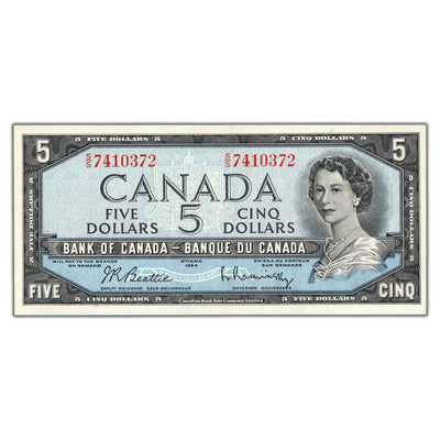 $5 1954 Bank of Canada Note Beattie-Rasminsky S/S Prefix BC-39b - Ch UNC