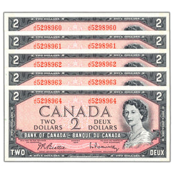 SOLD $2 1954 Bank of Canada Notes J/U Prefix BC-38b - 5 Consecutive UNC