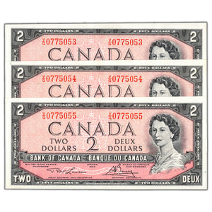 SOLD $2 1954 Bank of Canada Notes V/G Prefix BC-38d - 3 Consecutive AU/UNC