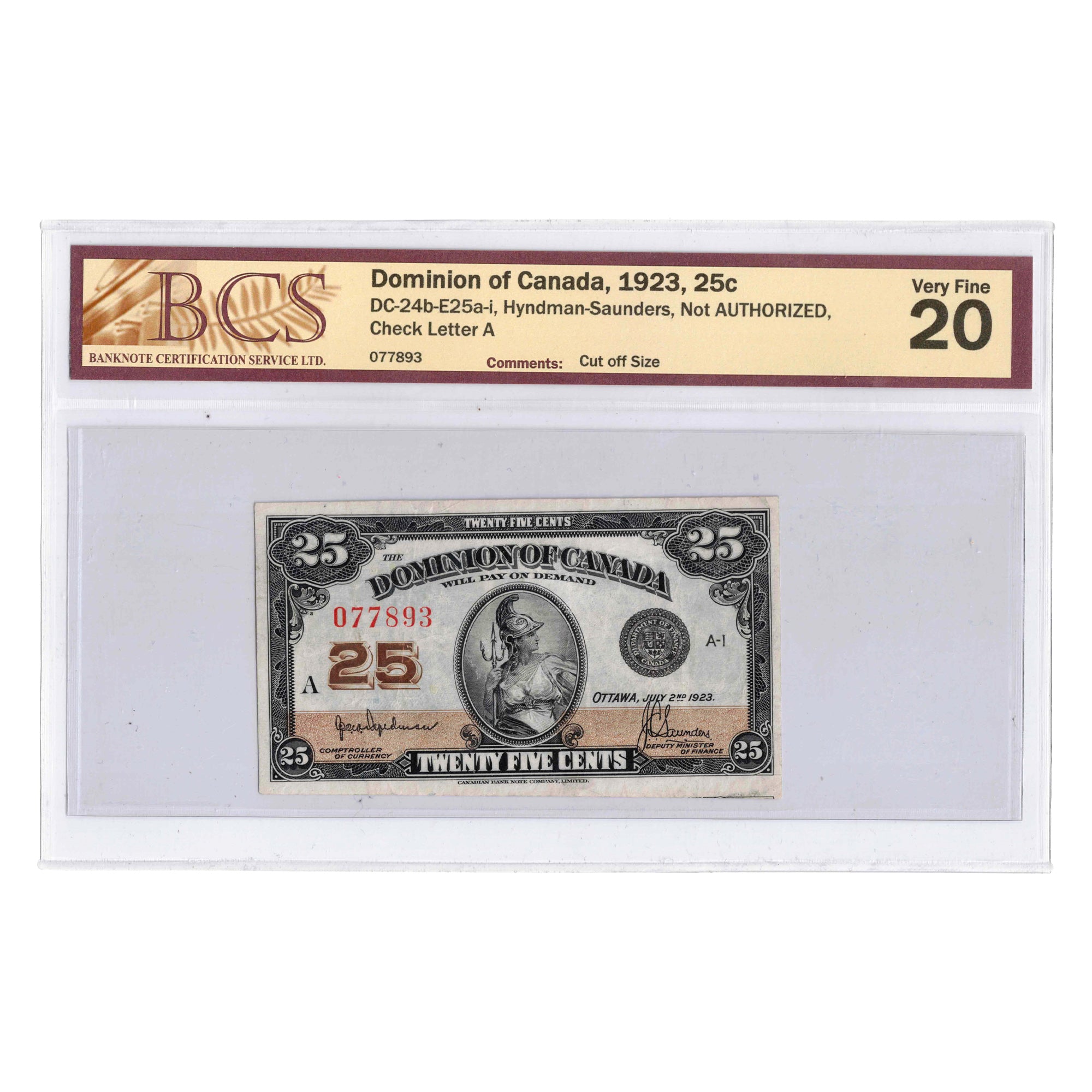 SOLD 25 Cents 1923 Dominion of Canada Shinplaster Note DC-24b - BCS VF ...