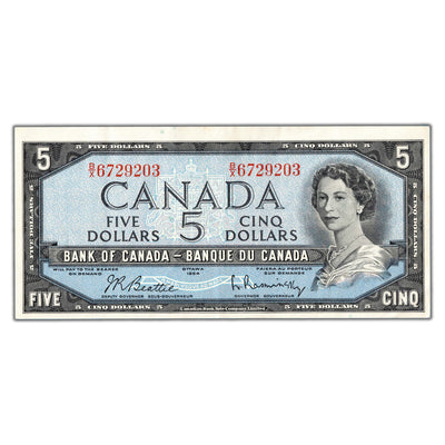 $5 1954 Bank of Canada Note Beattie-Rasminsky B/X Prefix BC-39b - EF+