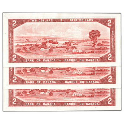 $2 1954 Bank of Canada Notes V/G Prefix BC-38d - 3 Consecutive AU/UNC