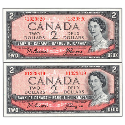 $2 1954 Bank of Canada Notes A/R Prefix BC-38a - 2 Consecutive AU-58