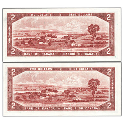 $2 1954 Bank of Canada Notes A/R Prefix BC-38a - 2 Consecutive AU-58