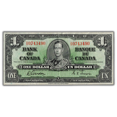$1 1937 Bank of Canada Note Gordon-Towers X/A Prefix BC-21c - VF