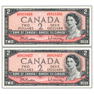 SOLD $2 1954 Bank of Canada Notes U/R Prefix BC-38b - 2 Consecutive AU-58