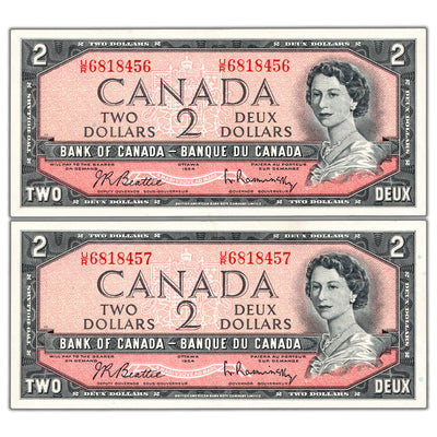 $2 1954 Bank of Canada Notes U/R Prefix BC-38b - 2 Consecutive AU-58