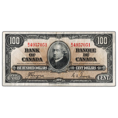 SOLD $100 1937 Bank of Canada Note Coyne-Towers B/J Prefix BC-27c - VF/EF (small tear)