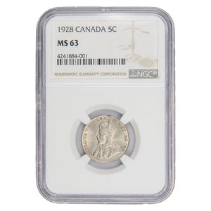 Canada 1928 5 Cents Nickel Coin - NGC MS-63