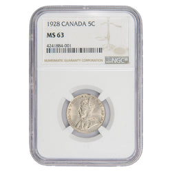 Canada 1928 5 Cents Nickel Coin - NGC MS-63