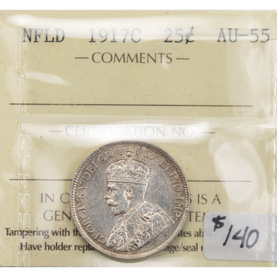 Newfoundland 1917c 25 Cents Silver Coin - ICCS AU-55