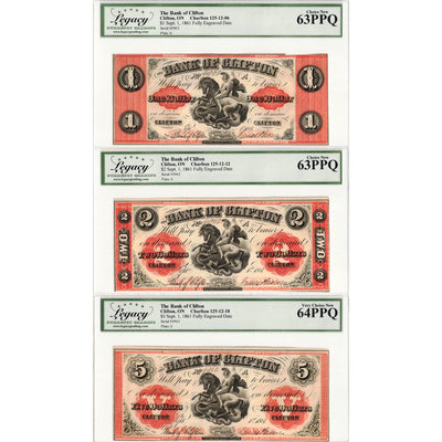 $1-5 1861 Bank of Clifton Chartered Notes Matched Serial #4962 - Legacy UNC 63/64 PPQ