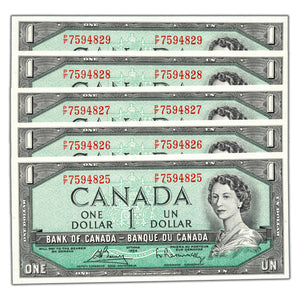 SOLD $1 1954 Bank of Canada Notes P/F Prefix BC-37c - 5 Consecutive Choice Uncirculated